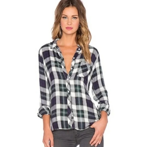 Rails Tops - Rails Hunter/White/Navy Long Sleeve Button Down Top Size Large